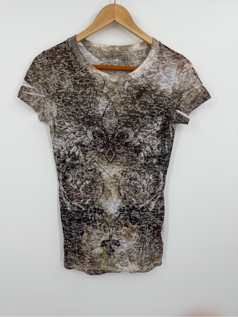 Petrol Rhinestone Fleur de Lis Burnout Y2K Grunge Tee M